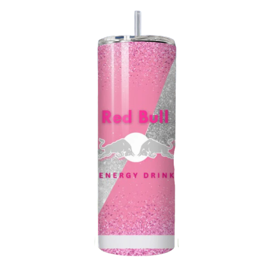 Gobelet Red Bull avec paille, édition rose pailletée